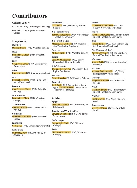 DrGladd's tweet image. Here's the list of contributors for the study notes and topical articles of Connecting Scripture study Bible: 📋