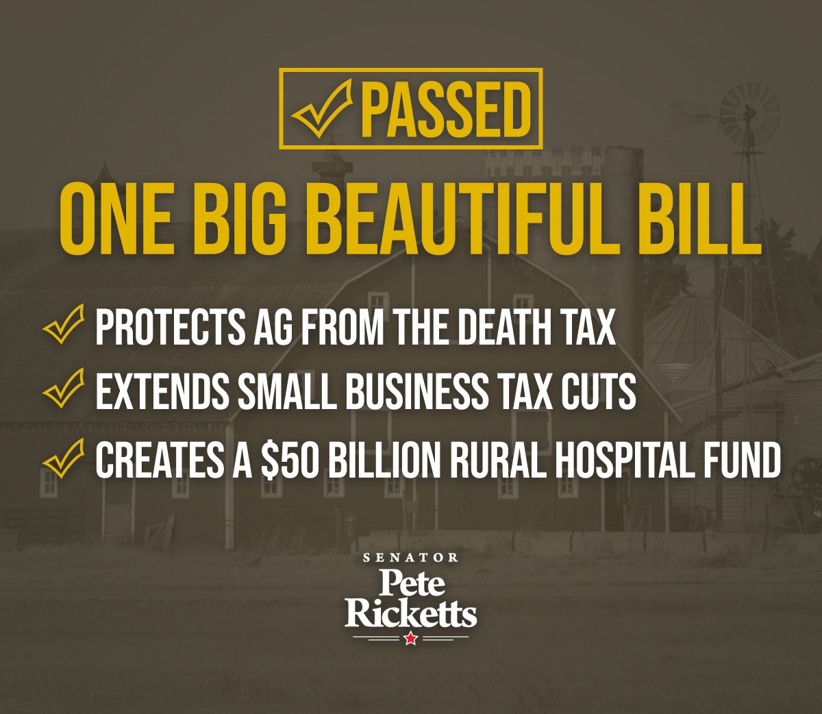 PeteRicketts's tweet image. The One Big Beautiful Bill will help ag producers, small business owners, and rural communities in Nebraska prosper.