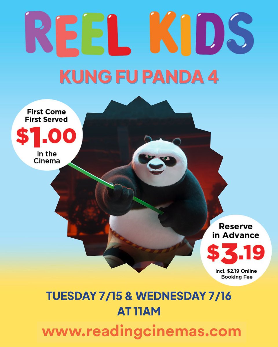 Po is back and better than ever! KUNG FU PANDA 4 is up next in our #ReelKids series Tuesday, 7/15 &amp; Wednesday, 7/16! Get tickets now 💥

readingcinemas.com
