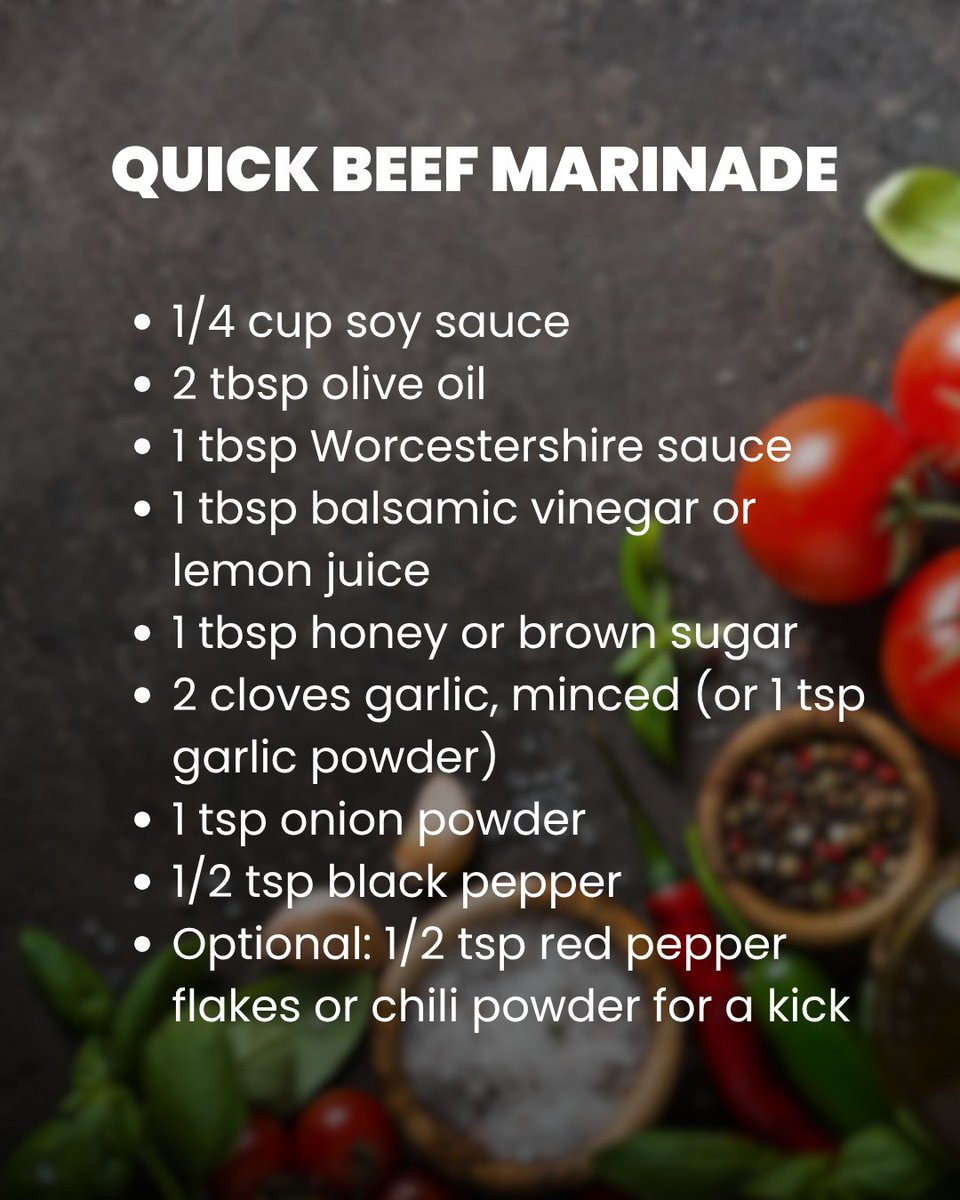 TWF_Health's tweet image. Quick Marinade - Perfect For Your Beef 🥩
➡Whisk everything together in a bowl or shake in a zip-top bag.
➡Add beef and coat evenly.
➡Marinate at least 30 minutes, ideally 1–2 hours.
(If in a rush, even 15–20 mins at room temp helps!)
Works great for steak, stir-fry strips,…