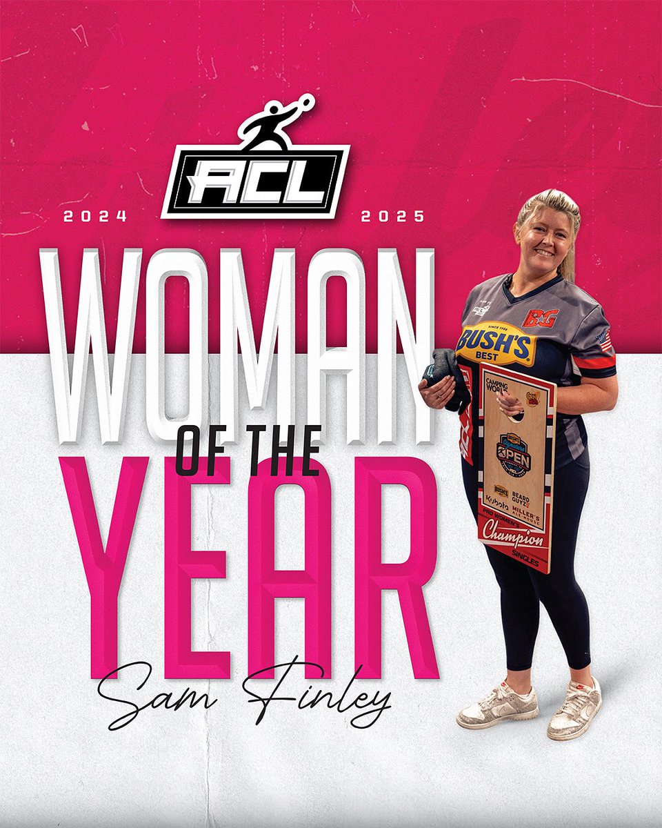 iplaycornhole's tweet image. What an incredible season for Sam Finley! 🏆
Earning first in Pro Women’s Singles, and second place in ACL Pro Women's Doubles at ACL Signature Open #6, Sam Finley claims the 2024-2025 Woman of the Year title!