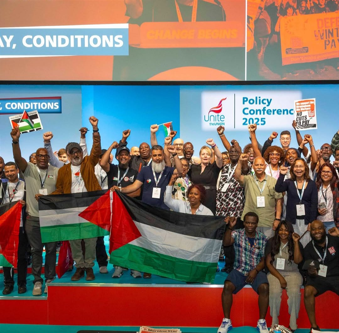 AdamYosefJourno's tweet image. Seems like cautionary overkill at the @unitetheunion Policy Conference re current UK political anxiety about Palestine solidarity and free speech, but I'm genuinely curious as to whether someone cut this placard in half to hide the words FREE PALESTINE or if it was edited out.