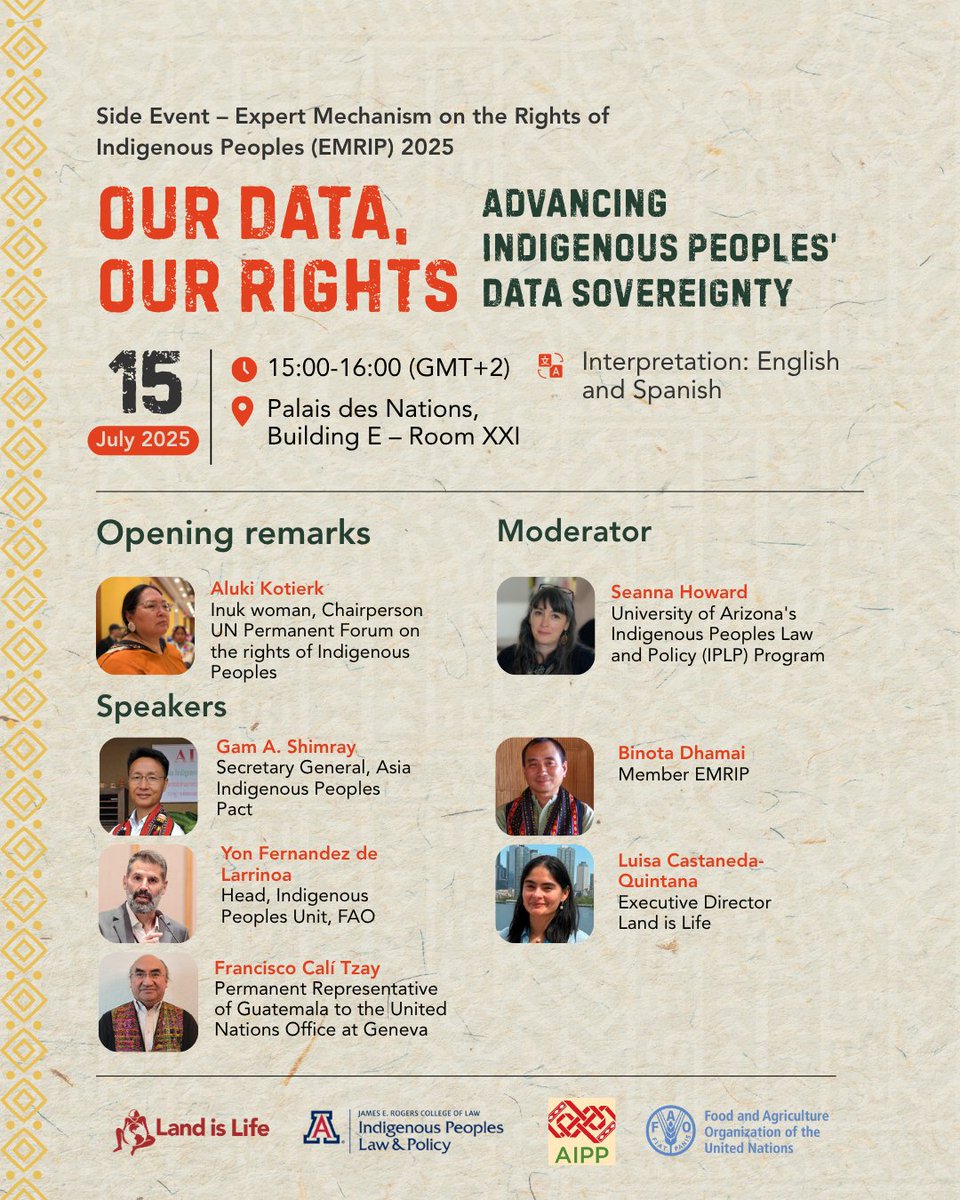 📢 Side Event #EMRIP 
 Our Data, Our Rights: Advancing Indigenous Peoples’ Data Sovereignty
🗓️ July 15, 2025
🕒 15:00–16:00 (GMT+2)
📍 Palais des Nations, Room XXI
Join us in a conversation on how data sovereignty is essential to self-determination and, rights protection.
<a href="/iplp/">UA IPLP Program</a>