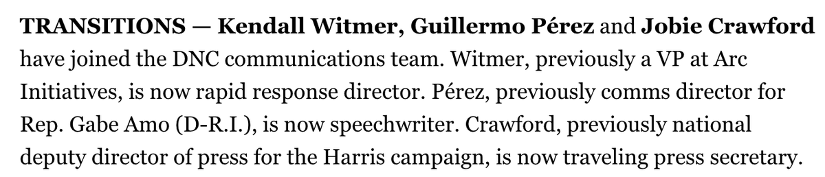 Rosemary Boeglin (@rosemaryboeglin) on Twitter photo Excited to welcome a very talented trio to <a href="/TheDemocrats/">Democrats</a> communications team -- Rapid Response Director Kendall Witmer, Speechwriter Guillermo Perez, and Traveling Press Secretary Jobie Crawford
Give them a follow👇
<a href="/kswitmer/">Kendall Witmer</a> <a href="/jobiecrawford/">Jobie Crawford</a> Excited to welcome a very talented trio to <a href="/TheDemocrats/">Democrats</a> communications team -- Rapid Response Director Kendall Witmer, Speechwriter Guillermo Perez, and Traveling Press Secretary Jobie Crawford
Give them a follow👇
<a href="/kswitmer/">Kendall Witmer</a> <a href="/jobiecrawford/">Jobie Crawford</a>