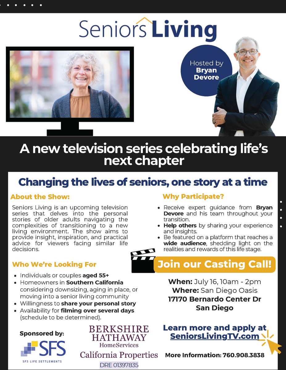 Spotted this interesting opportunity: a new TV series called Seniors Living is looking for SoCal adults 55+ to share their experiences with downsizing, aging in place, or moving into senior living. Might resonate with some in our community! 🎥🏡 seniorslivingtv.com
