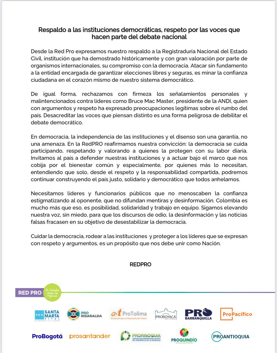 Desde la RedPRO enviamos un mensaje de respaldo a las instituciones democráticas y de respeto por las voces que hacen parte del debate nacional.
Necesitamos líderes y funcionarios públicos que no menoscaben la confianza estigmatizando el debate, que no difundan mentiras y