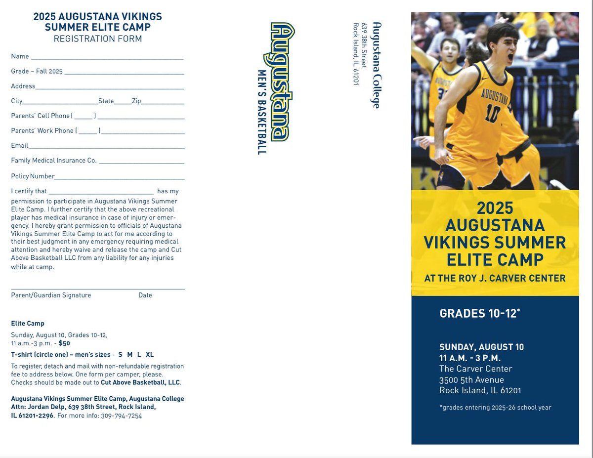 Augie_MBB's tweet image. Calling all incoming 10th-12th Grade Prospects. We are hosting an Elite Camp August 10th. 

It will be a great opportunity to come compete, work on your game and get seen by our staff!

You can register by using the QR code on the brochure or by going to secure.getmeregistered.com/get_informatio…