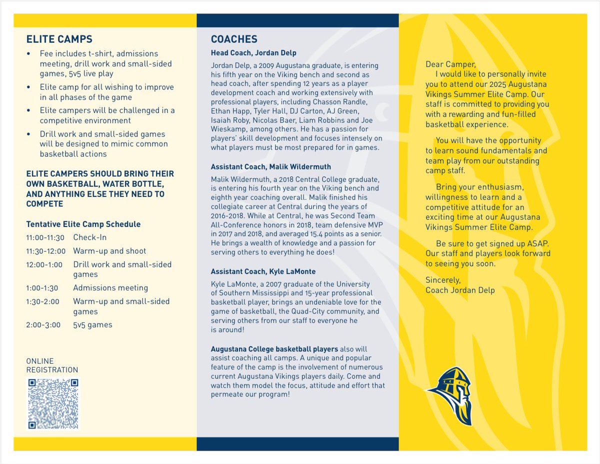Augie_MBB's tweet image. Calling all incoming 10th-12th Grade Prospects. We are hosting an Elite Camp August 10th. 

It will be a great opportunity to come compete, work on your game and get seen by our staff!

You can register by using the QR code on the brochure or by going to secure.getmeregistered.com/get_informatio…