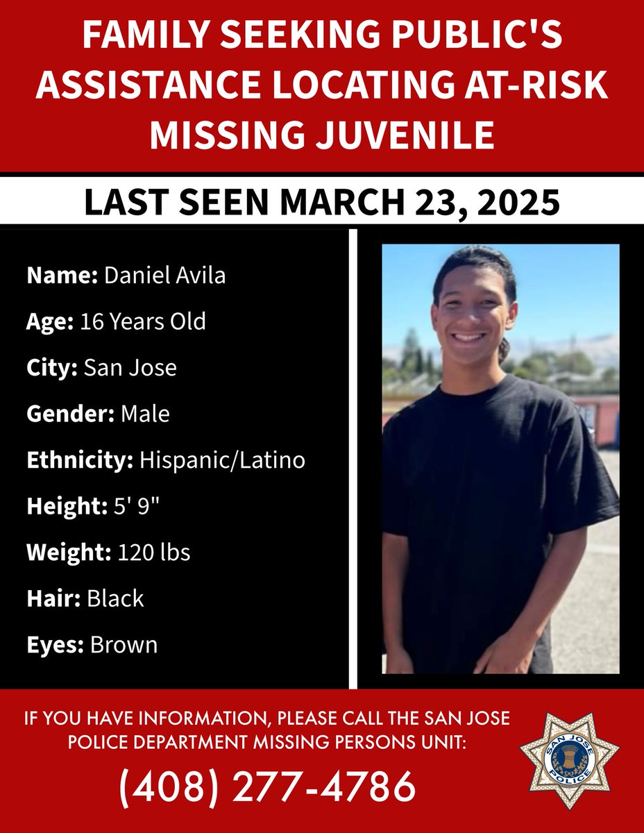 SanJosePD's tweet image. Family is seeking the public’s assistance in locating this at risk missing juvenile. Daniel Avila was last seen on March 23, 2025. Please call the SJPD Missing Persons Unit at 408-277-4786 if you have any information.