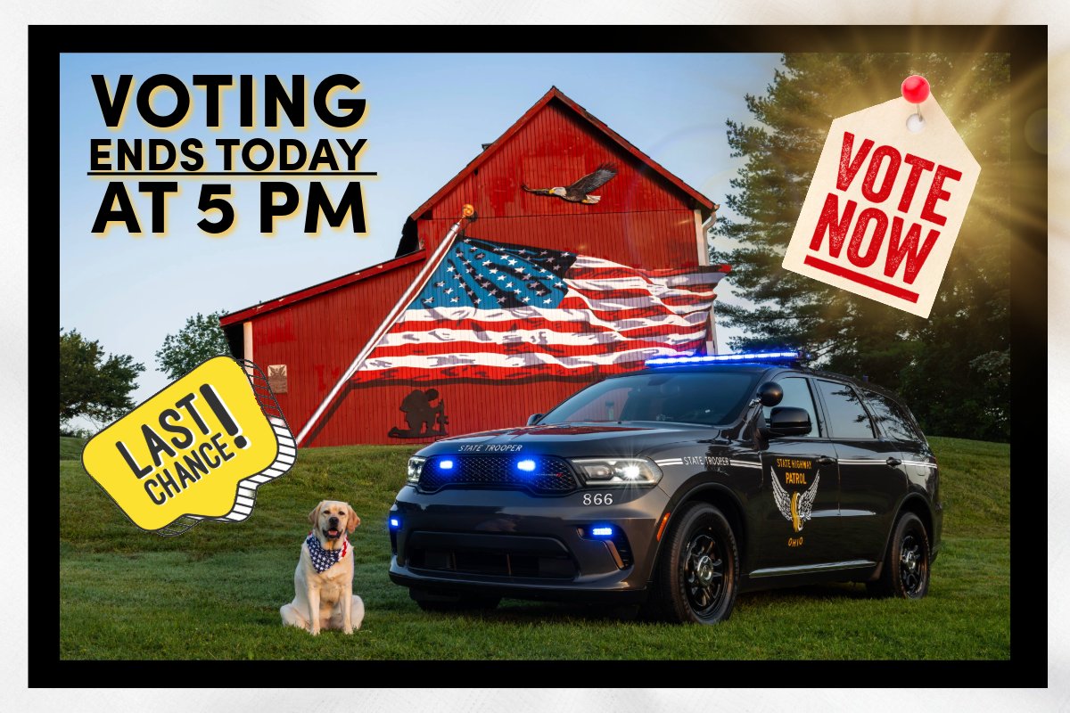 OSHP_NEOhio's tweet image. 🚨 TIME’S ALMOST UP! 🚨 It’s the LAST DAY to vote for our cruiser in the Best Looking Cruiser contest and we’re racing against the clock—voting closes at 5 PM sharp (24 HOURS left!). Vote from EVERY device you own 📱💻🖥️tell your friends 🏆 👉 statepatrol.ohio.gov/media/all-news…