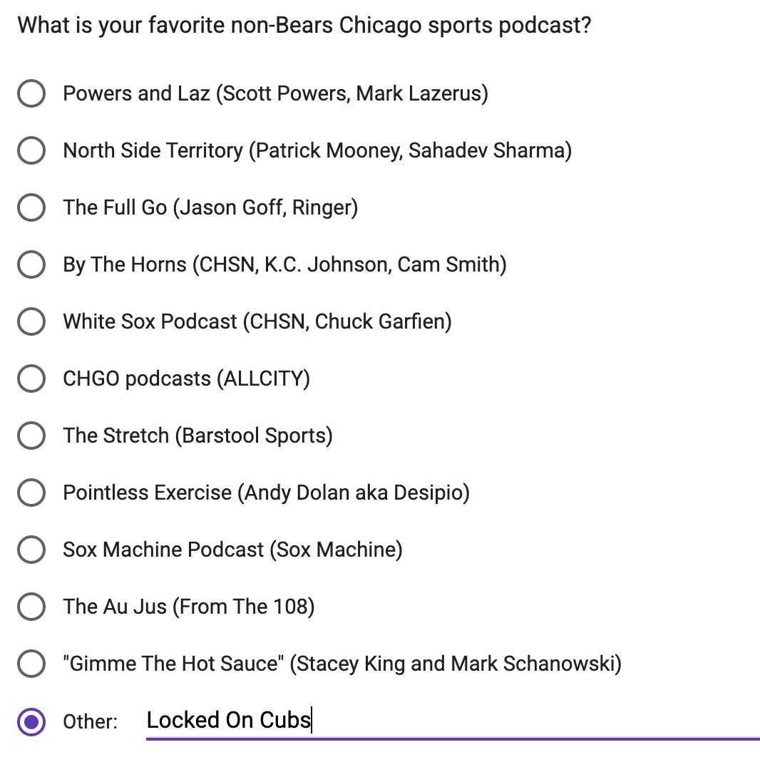 matt_cozzi's tweet image. The Athletic is doing a Chicago sports media survey. We are not on the favorite non-Bears podcast list so you will need to check *Other* and then type in 'Locked On Cubs.'
More details on our episode tonight. Thank you for voting! Survey link: docs.google.com/forms/d/e/1FAI…