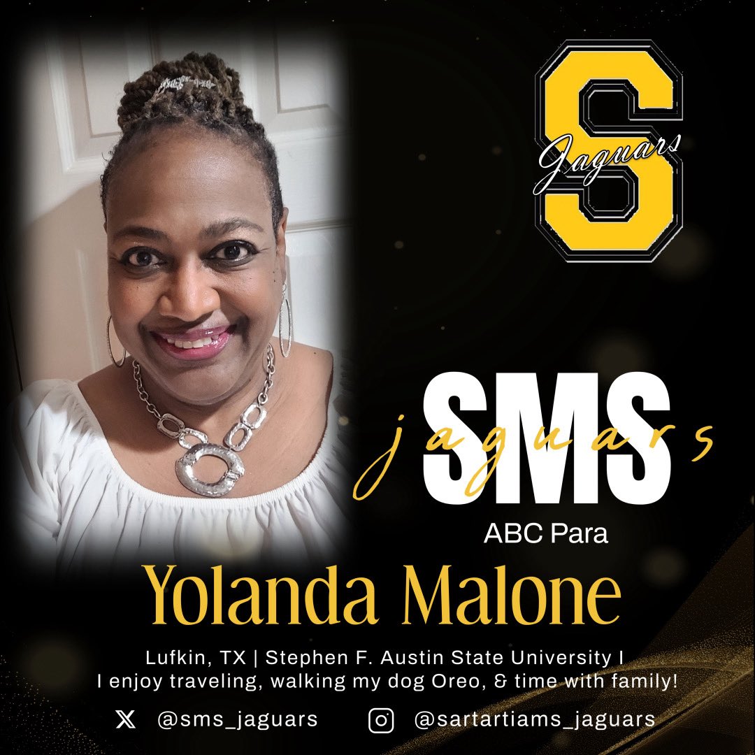 🐾Help us welcome Yolanda Malone, one of our amazing ABC Paras here at SMS! 🐾We’re lucky to have her as part of our Jaguar family! 🖤💛