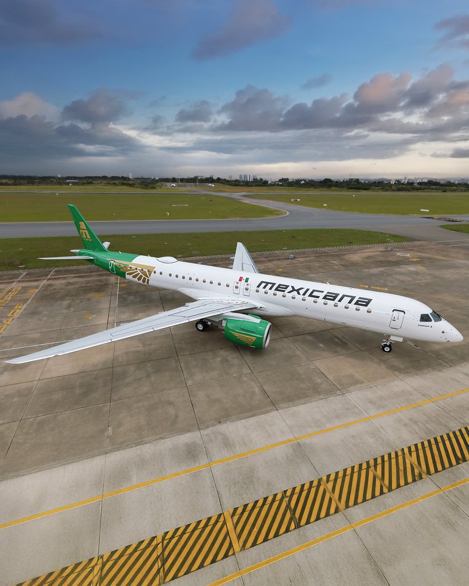 embraer's tweet image. Confira o belo primeiro E195-E2 entregue à @MexicanaVuela_. É o primeiro dos 20 E2 encomendados pela companhia, reafirmando a presença crescente da Embraer na América Latina. O E2 é reconhecido por sua operação silenciosa, menores emissões e ser o líder do segmento em economia.