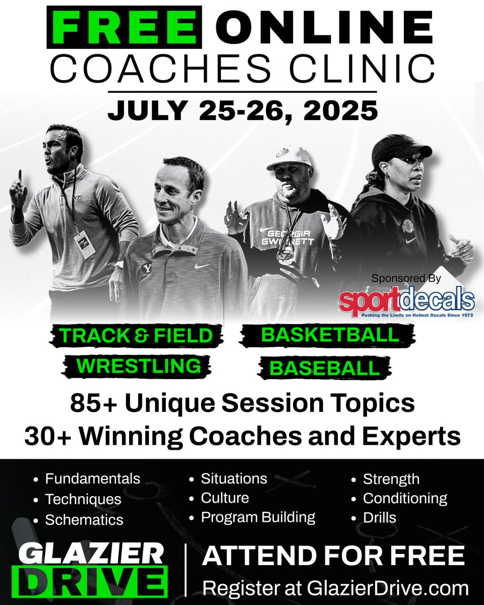 Glazier Clinics (@glazierclinics) on Twitter photo We're hosting a free online multisport clinic July 25 & 26 featuring top speakers from:
🏃♀️Track & Field🏃♂️
🤼 Wrestling
⚾️ Baseball
🏀 Basketball
Thanks to the following partners <a href="/Sportdecals/">Sportdecals</a>, <a href="/SidelineInt/">Sideline Interactive</a>, <a href="/CoachComm/">CoachComm</a>, <a href="/drdishbball/">Dr. Dish Basketball</a>, <a href="/Gatorade/">Gatorade</a> for making the clinic possible. We're hosting a free online multisport clinic July 25 & 26 featuring top speakers from:
🏃♀️Track & Field🏃♂️
🤼 Wrestling
⚾️ Baseball
🏀 Basketball
Thanks to the following partners <a href="/Sportdecals/">Sportdecals</a>, <a href="/SidelineInt/">Sideline Interactive</a>, <a href="/CoachComm/">CoachComm</a>, <a href="/drdishbball/">Dr. Dish Basketball</a>, <a href="/Gatorade/">Gatorade</a> for making the clinic possible.