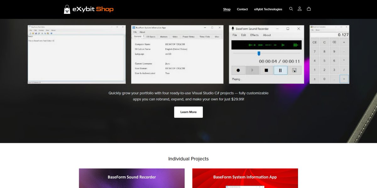 eXybitTech's tweet photo. We've lowered prices on all C# projects in the eXybit Shop to make them more accessible. The new BaseForm C# Builders Bundle is now available for just $29.99. Get four ready-to-use projects to learn, build, and grow your portfolio.

https://t.co/MXR6pNtdBL https://t.co/7njiFqb0TM