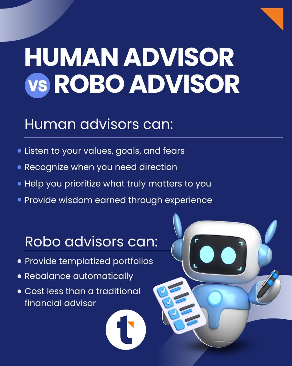 tmrwwealth's tweet photo. Sure, robo advisors can crunch numbers faster than any human but they can't ask:

"How do you feel about taking more risk right now?"
"Why do you think going to cash is the best solution?"
"What does success actually look like for your family?" https://t.co/Cl379FkanX