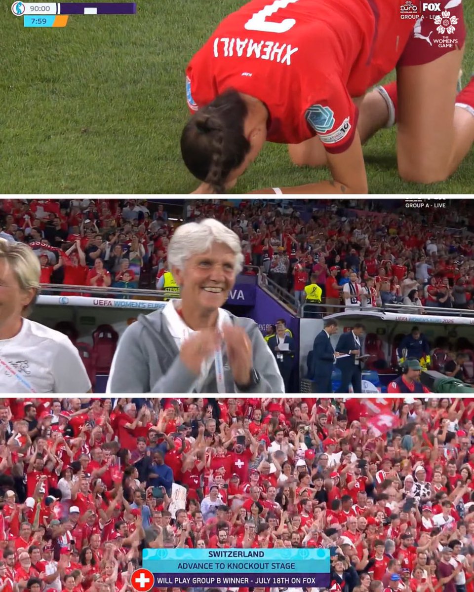 THE HOST NATION'S DREAM IS NOT OVER! 🇨🇭

Former USWNT manager and current Swiss coach, Pia Sundhage, and her team advance to the quarterfinals. Not a single Swiss player belongs to a club in their home country, advancing means everything to the women's game in Switzerland ❤️
