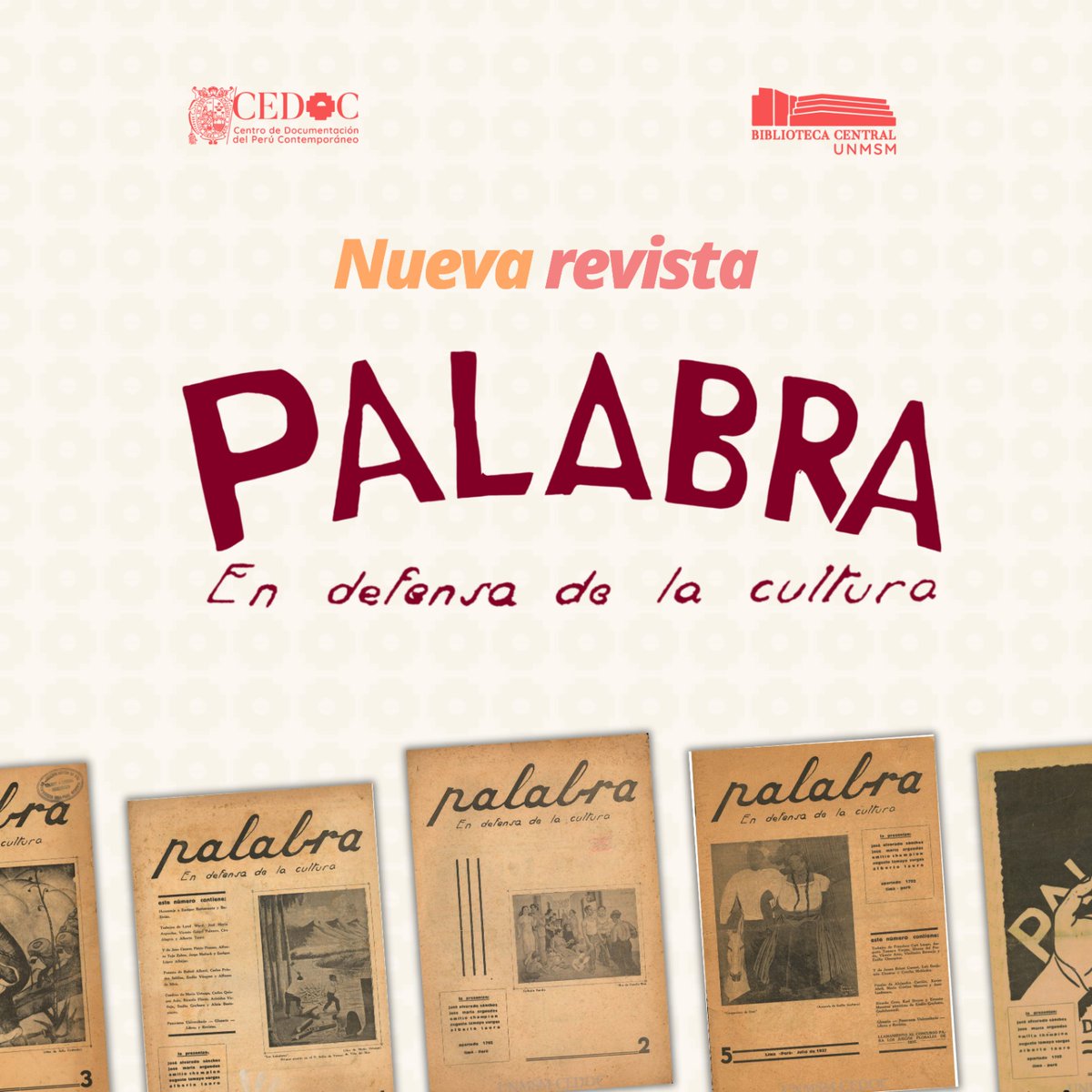 cedoc_unmsm's tweet image. 📣[YA DISPONIBLE LA NUEVA REVISTA PALABRA]

🖥️Visita la revista Palabra en: cedoc.sisbib.unmsm.edu.pe/biblioteca-dig…

🔴 Síguenos en nuestras redes sociales para estar a tanto de más publicaciones del siglo XX peruano