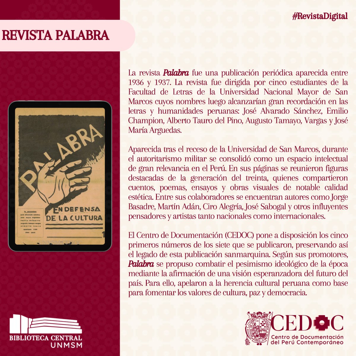 cedoc_unmsm's tweet image. 📣[YA DISPONIBLE LA NUEVA REVISTA PALABRA]

🖥️Visita la revista Palabra en: cedoc.sisbib.unmsm.edu.pe/biblioteca-dig…

🔴 Síguenos en nuestras redes sociales para estar a tanto de más publicaciones del siglo XX peruano