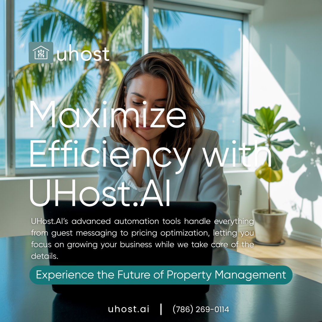 Uhost_ai's tweet image. ⚡ Maximize efficiency with UHost.AI

Automate guest comms, pricing, reviews &amp;amp; maintenance—so you can scale faster and operate smarter.
Stay in control, skip the busywork.

🔑 Simplify property management with AI.

#UHostAI #AIForHosts #SmartPropertyManagement