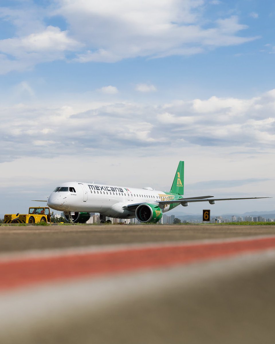 embraer's tweet image. Check out the beautiful first E195-E2 delivered to @MexicanaVuela_. It is the first of the 20 E2s ordered by the company, reaffirming Embraer’s growing presence in Latin America. The E2 is recognized for its quiet operation, lower emissions, and class-leading economics.