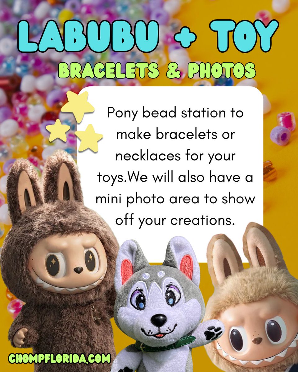 Val / LatinVixen (@latinvixen) on Twitter photo Labubu + Toy bracelet and photo station. We wanted to create a fun space for attendees to create fun bracelets and necklaces for their toys and take photos of them. We will have a mini photo backdrop for the toys right next to the bead making station. So bring your labubus, Labubu + Toy bracelet and photo station. We wanted to create a fun space for attendees to create fun bracelets and necklaces for their toys and take photos of them. We will have a mini photo backdrop for the toys right next to the bead making station. So bring your labubus,