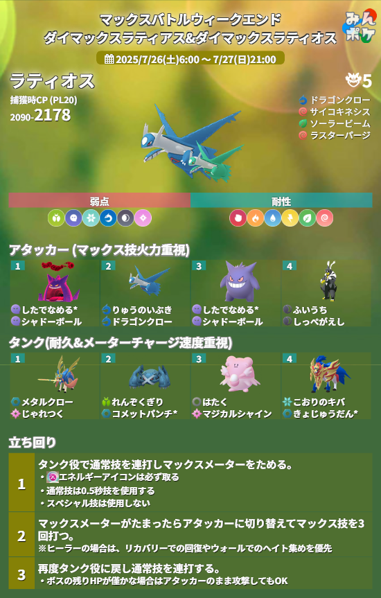 pokemongo_db's tweet photo. 【詳細発表】マックスバトルウィークエンド：ダイマックスラティアス&amp;ダイマックスラティオス
⚡開催期間
7/26(土)6:00〜7/27(日)21:00

✅DMAXラティアス、DMAXラティオスが初登場
✅無料タイムチャレンジ有り
✅マックス技の強化に必要なMP3/4
など

 https://t.co/VdHhiVaXfW #ポケモンGO https://t.co/pPRaptKoOK