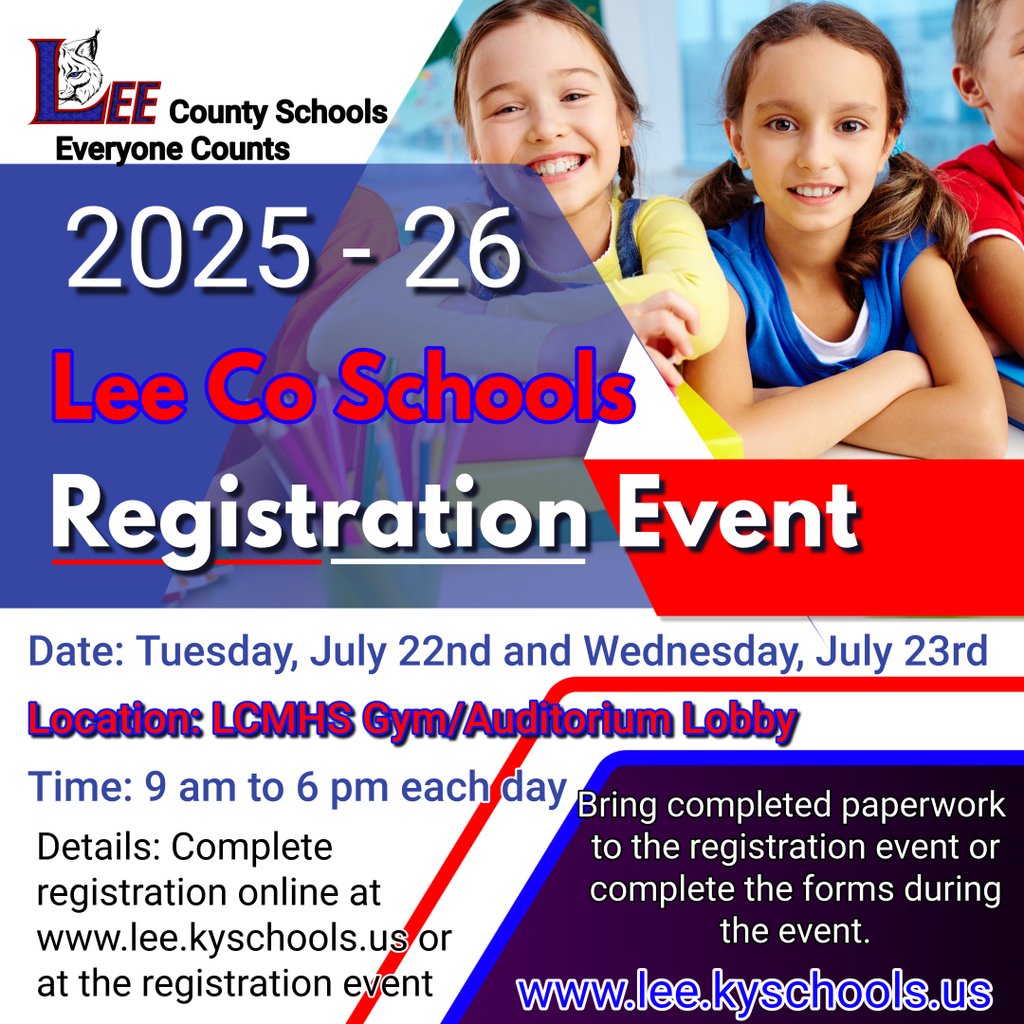 lee_district's tweet photo. Lee County Schools 2025-26 student registration event will be on Tuesday, July 22nd and Wednesday, July 23rd from 9 am until 6 pm each day in the gym/auditorium lobby of the Heber Dunaway Gymnasium.  You can complete student paperwork at https://t.co/rcXj63EFB4. https://t.co/jq0XeSq8Sz