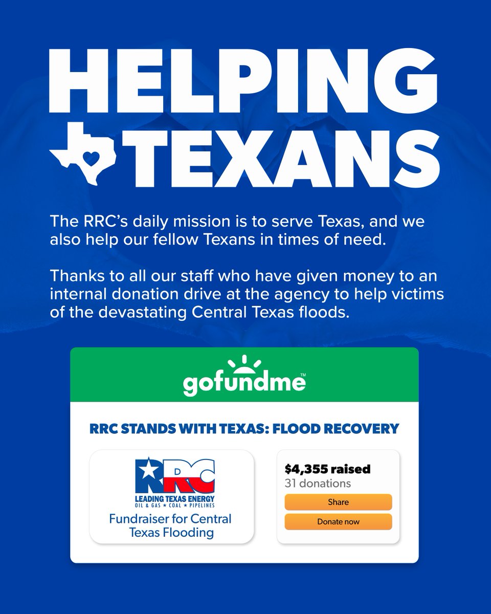 txrrc's tweet image. The RRC’s daily mission is to serve Texas, and we also help our fellow Texans in times of need.
Thanks to all our staff who have given money to an internal donation drive at the agency to help victims of the devastating Central Texas floods.