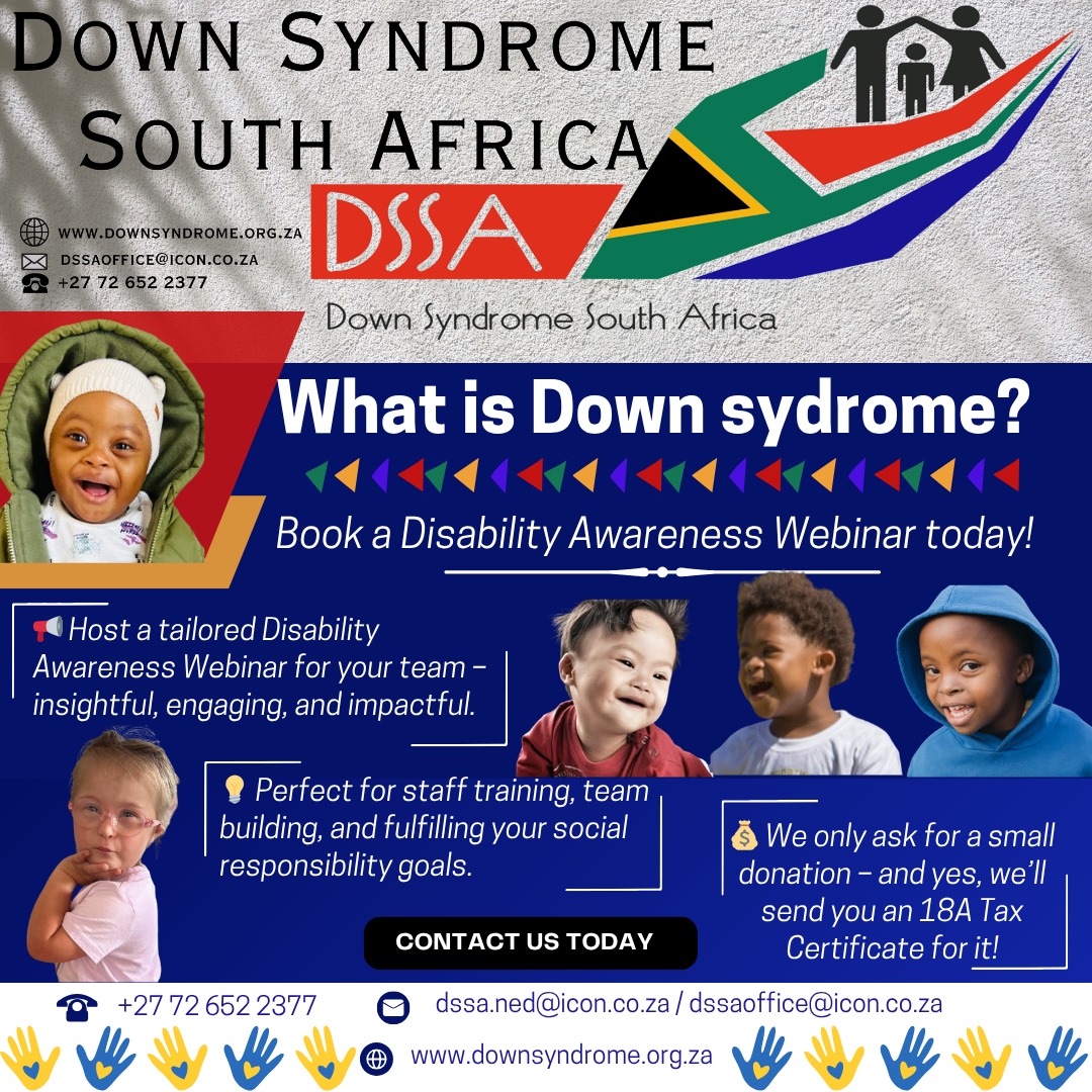 💙💛 What is Down syndrome?
Many people don’t know the answer — and that’s exactly why awareness matters.
📢 Down Syndrome South Africa (DSSA) offers Disability Awareness Webinars for companies ready to take real steps toward inclusion.