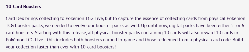 TrustYourPilot1's tweet image. Pokemon TCG Live will begin offering 10-card booster packs instead of the typical 5 or 6-card booster packs: