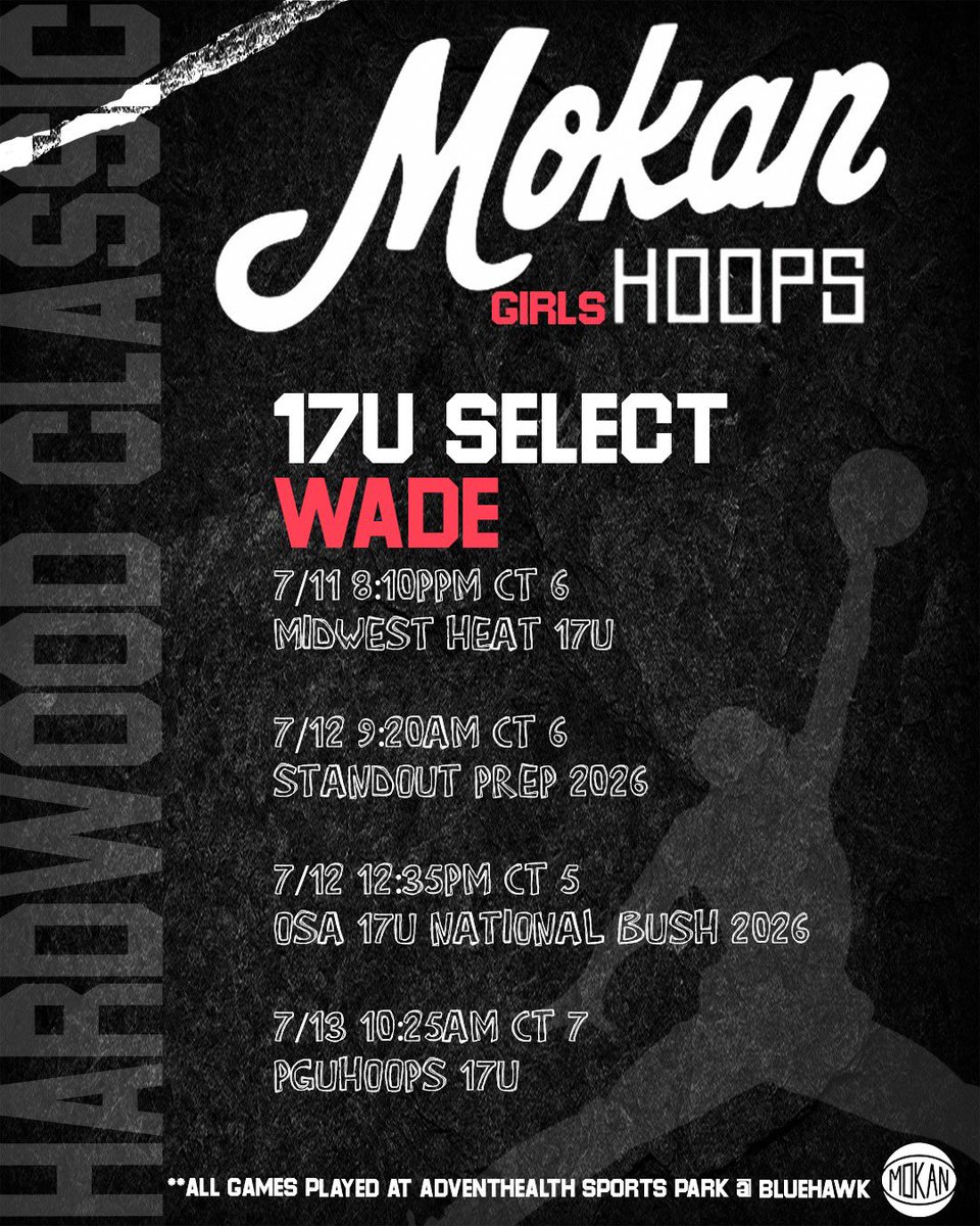 Staying home this weekend!! Come support and check out MoKan 17U Select Wade! Our schedule is below. 
<a href="/MokanGirls/">Mokan Girls Basketball</a> 
<a href="/troywade3434/">Troy Wade</a> 
<a href="/Dylan_Evans85/">Dylan Evans</a> 
<a href="/DeSotoLadyHoops/">Wildcat Basketball</a>