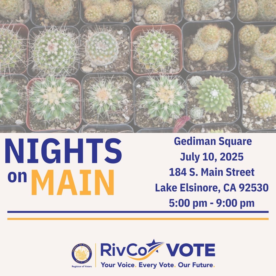 RivCoRegistrar's tweet image. 👋👋Hey Lake Elsinore! The County of Riverside Registrar of Voters Outreach Team is returning to Nights on Main on July 10th.
---
¡Hola Lake Elsinore! El Equipo de Extensión del Registro de Votantes del Condado de Riverside regresa a Noches en la Calle Main el 10 de julio.