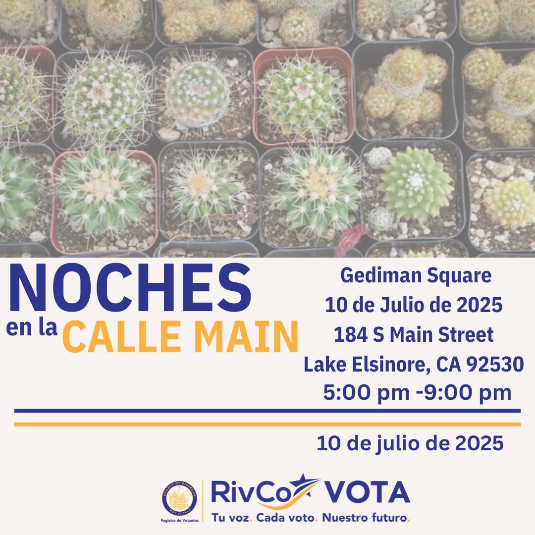 RivCoRegistrar's tweet image. 👋👋Hey Lake Elsinore! The County of Riverside Registrar of Voters Outreach Team is returning to Nights on Main on July 10th.
---
¡Hola Lake Elsinore! El Equipo de Extensión del Registro de Votantes del Condado de Riverside regresa a Noches en la Calle Main el 10 de julio.