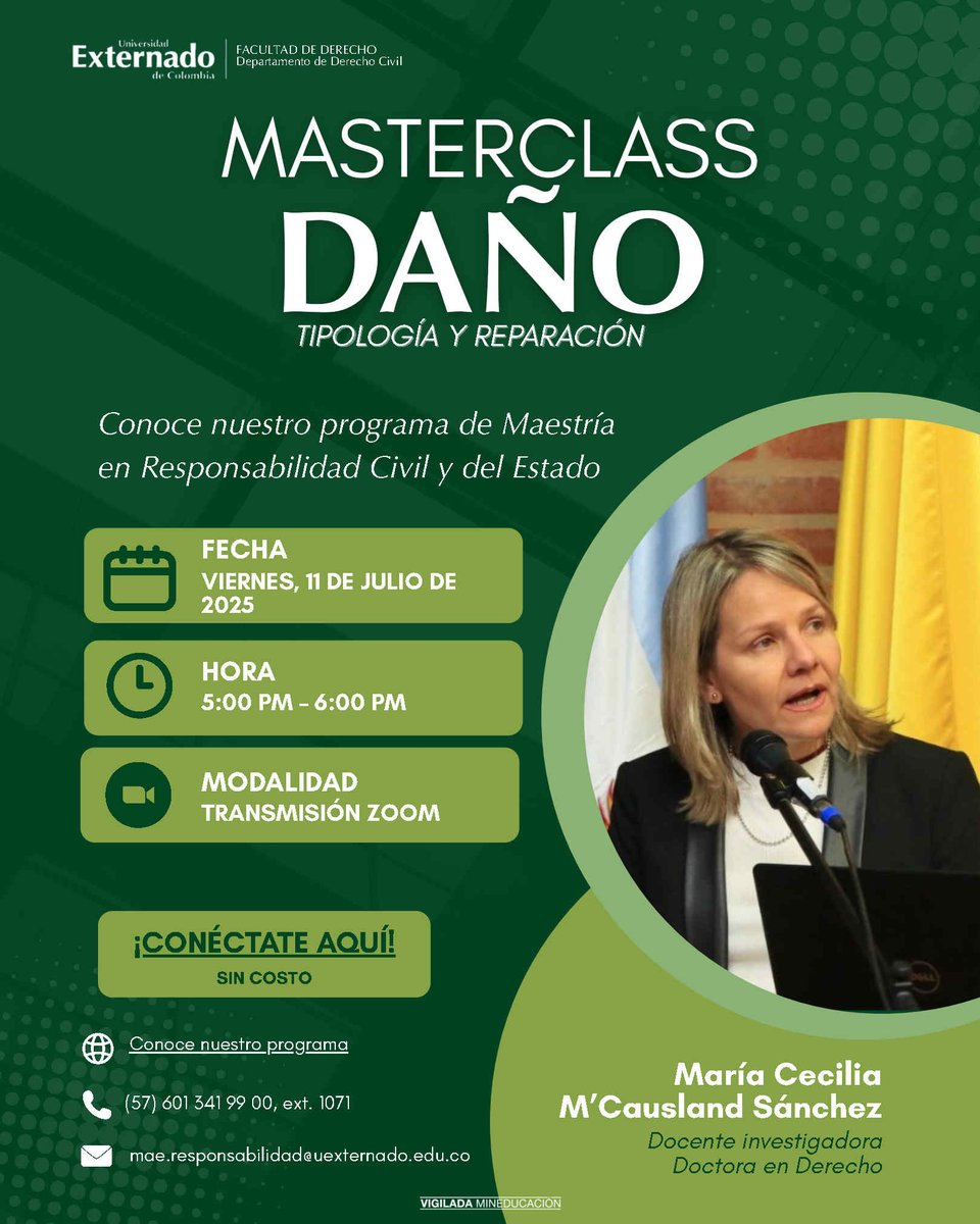 El Departamento de Derecho Civil (<a href="/DerechoCivil_/">Departamento de Derecho Civil</a> )  de <a href="/UExternado/">U.Externado</a> tiene el gusto de invitarlos a la clase magistral que dictará la profesora María Cecilia M'Causland. ¡No se la pierdan! Transmisión aquí:👉uexternado.zoom.us/j/85126822163