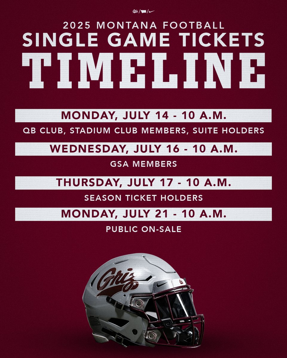 🚨 𝑪𝒐𝒎𝒊𝒏𝒈 𝑺𝒐𝒐𝒏 🚨

Mark your calendars Griz Nation, 𝘀𝗶𝗻𝗴𝗹𝗲 𝗴𝗮𝗺𝗲 tickets go on sale starting next week!

🎟️GoGriz.com/Tickets 

#GoGriz