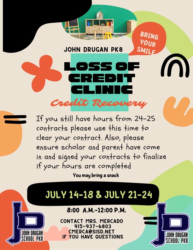 Need to make up some hours for LOC? Join us the week of July 14-18 or July 21-25 to complete any hours you owe. Contact Mrs. Alva or Mrs. Mercado if you have any questions.