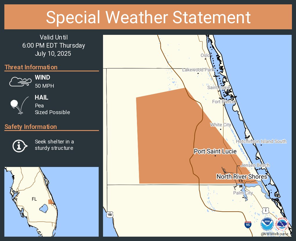 A special weather statement has been issued for Port Saint Lucie FL, North River Shores FL and  Rio FL until 6:00 PM EDT