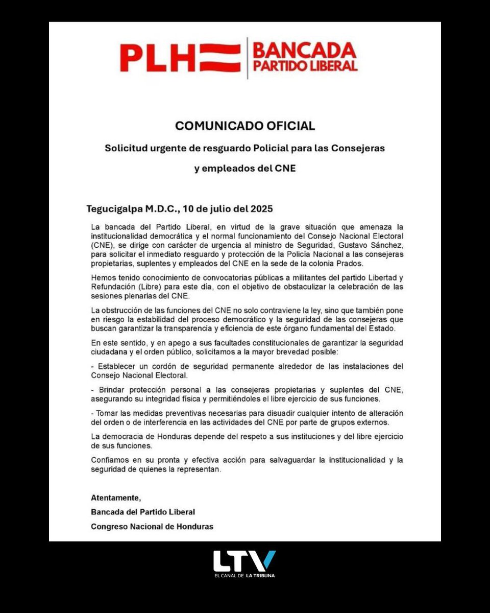LTV Honduras (@ltv_honduras) on Twitter photo Partido Liberal pide protección para el CNE
<a href="/BancaLiberalHN/">Bancada Liberal</a> solicita al Ministro de Seguridad, Gustavo Sánchez, resguardar a las autoridades y empleados del <a href="/CneHonduras/">CNE_HONDURAS</a> en la colonia Prado.
🗳️“La democracia no puede estar en riesgo.”
#Elecciones2025 #CNE #Seguridad #ltvhn Partido Liberal pide protección para el CNE
<a href="/BancaLiberalHN/">Bancada Liberal</a> solicita al Ministro de Seguridad, Gustavo Sánchez, resguardar a las autoridades y empleados del <a href="/CneHonduras/">CNE_HONDURAS</a> en la colonia Prado.
🗳️“La democracia no puede estar en riesgo.”
#Elecciones2025 #CNE #Seguridad #ltvhn