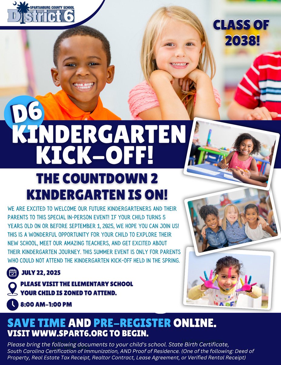 Spartanburg School District Six (@spartdistrict6) on Twitter photo D6 is hosting another Kindergarten Kick-Off for families who weren’t able to attend in the spring. If your child turns five on or before September 1, 2025, we invite you to drop in Monday, July 22, between 8 - 1. We hope this helps the Class of 2028 get excited  about school! D6 is hosting another Kindergarten Kick-Off for families who weren’t able to attend in the spring. If your child turns five on or before September 1, 2025, we invite you to drop in Monday, July 22, between 8 - 1. We hope this helps the Class of 2028 get excited  about school!