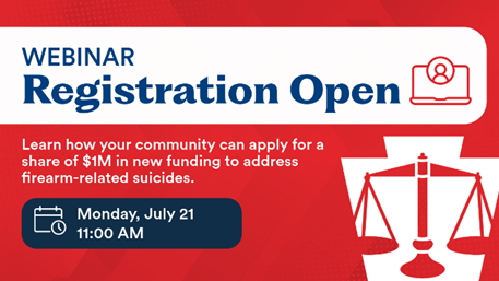 PaCrimeComm's tweet image. 📢 WEBINAR REGISTRATION OPEN: Join PCCD to learn how your community can apply for a share of $1M in new funding to address firearm-related suicides.
📅 July 21 | 11 AM
Register for the webinar here: forms.office.com/pages/response…
#GunViolencePrevention #SuicideAwareness #PAHealth