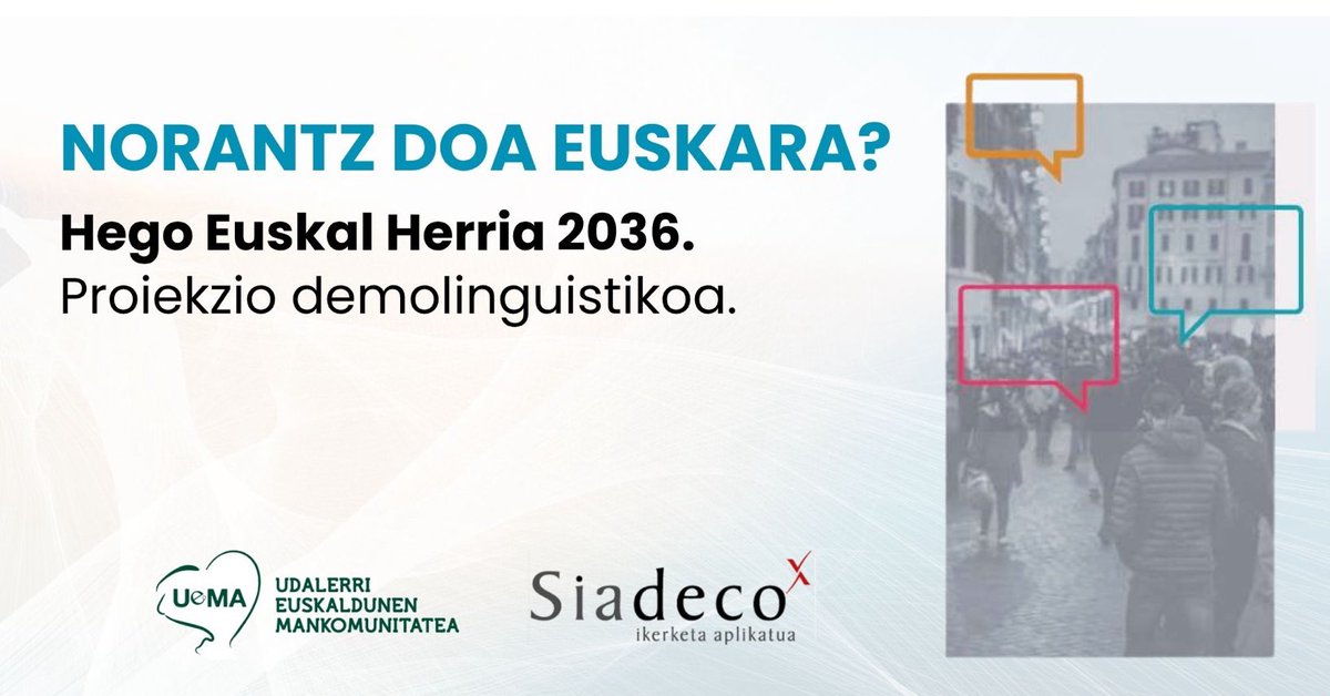 “Norantz doa euskara? Hego Euskal Herria 2036. Proiekzio demolinguistikoa.”
SIADECOk <a href="/uema_eus/">UEMA</a> -entzat eginiko ikerketa.
👉🏼 labur.eus/uqogdhzx:
- Ondorio nagusiak.
- Txosten osoa eta laburtua.
Proiekzio kezkagarriak; eta ekimen soziopolitikoa akuilatzeko arrazoi ugari.