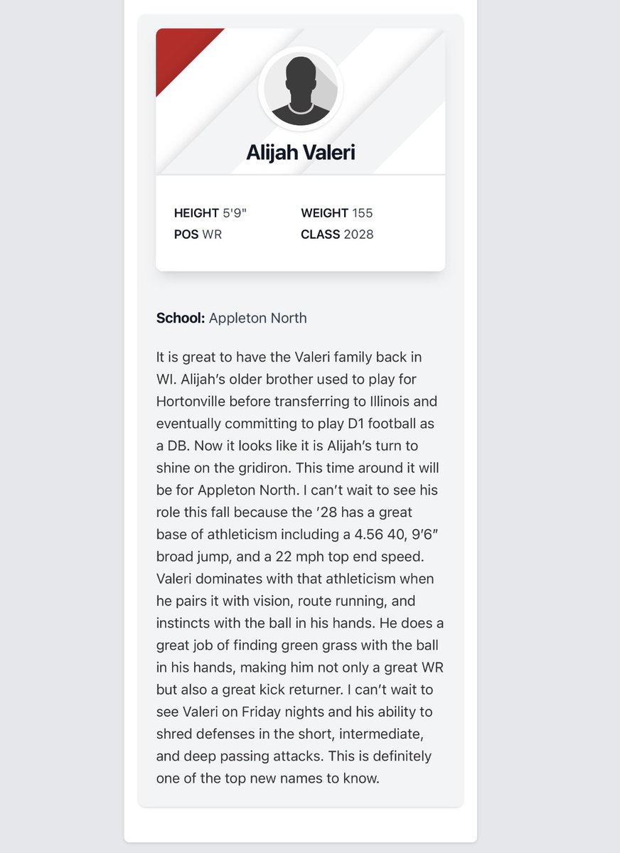 Alijah "Li Li" Valeri (@alijah_valeri) on Twitter photo Appreciate the mention from <a href="/PrepRedzone/">Prep Redzone 🏈</a> and <a href="/MJ_NFLDraft/">Mark Johnson</a> 🙏
4.56 40 | 9’6” broad | 22 MPH
Long way to go — just getting started.
<a href="/ANLightningFB/">⚡️Appleton North Football⚡️</a> <a href="/FBcoach35/">Rob Salm</a> <a href="/NWahlScouting/">Nate Wahl</a>
#WIFootball #StayHumble #PrepRedzone Appreciate the mention from <a href="/PrepRedzone/">Prep Redzone 🏈</a> and <a href="/MJ_NFLDraft/">Mark Johnson</a> 🙏
4.56 40 | 9’6” broad | 22 MPH
Long way to go — just getting started.
<a href="/ANLightningFB/">⚡️Appleton North Football⚡️</a> <a href="/FBcoach35/">Rob Salm</a> <a href="/NWahlScouting/">Nate Wahl</a>
#WIFootball #StayHumble #PrepRedzone