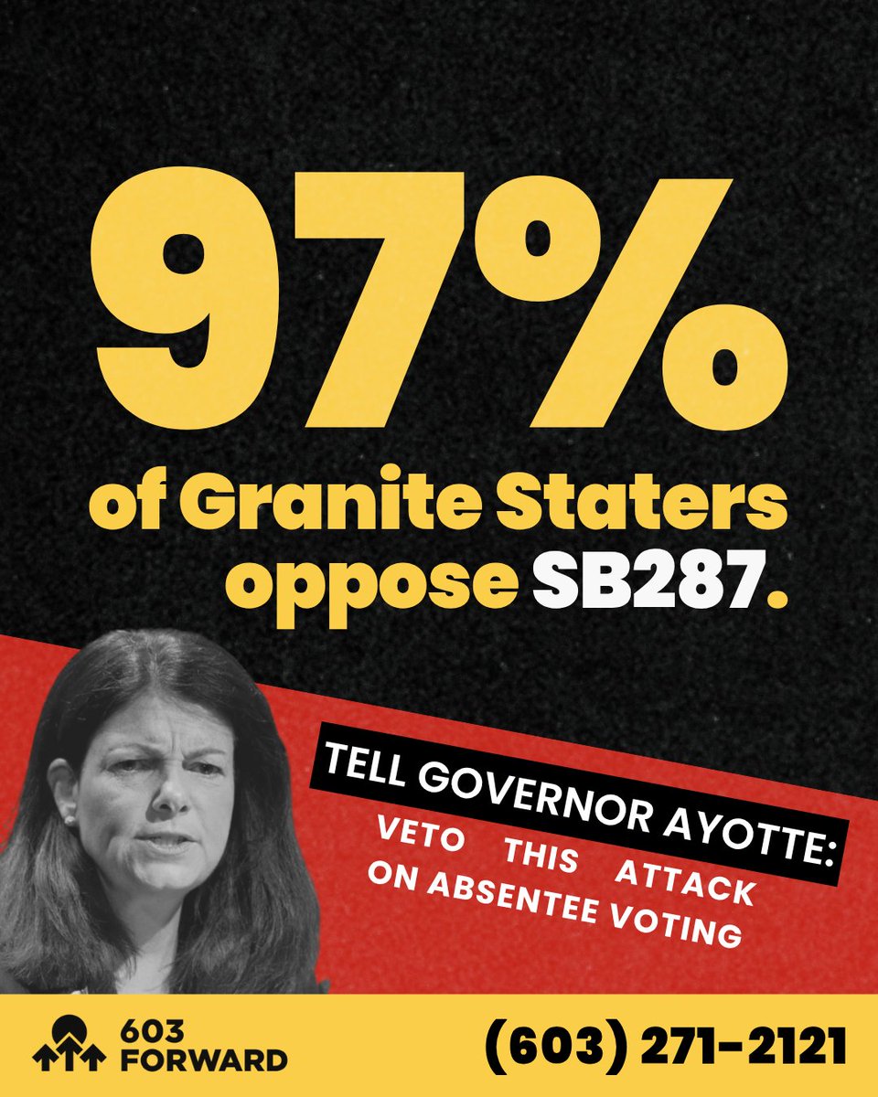 603Forward's tweet image. The people showed up, spoke out, and made it clear. Now it’s the Governor’s turn. 

Call Governor Ayotte + tell her: save absentee voting and VETO SB287! Then send an email: loom.ly/GXA-S_k #NHPolitics #VotingRights