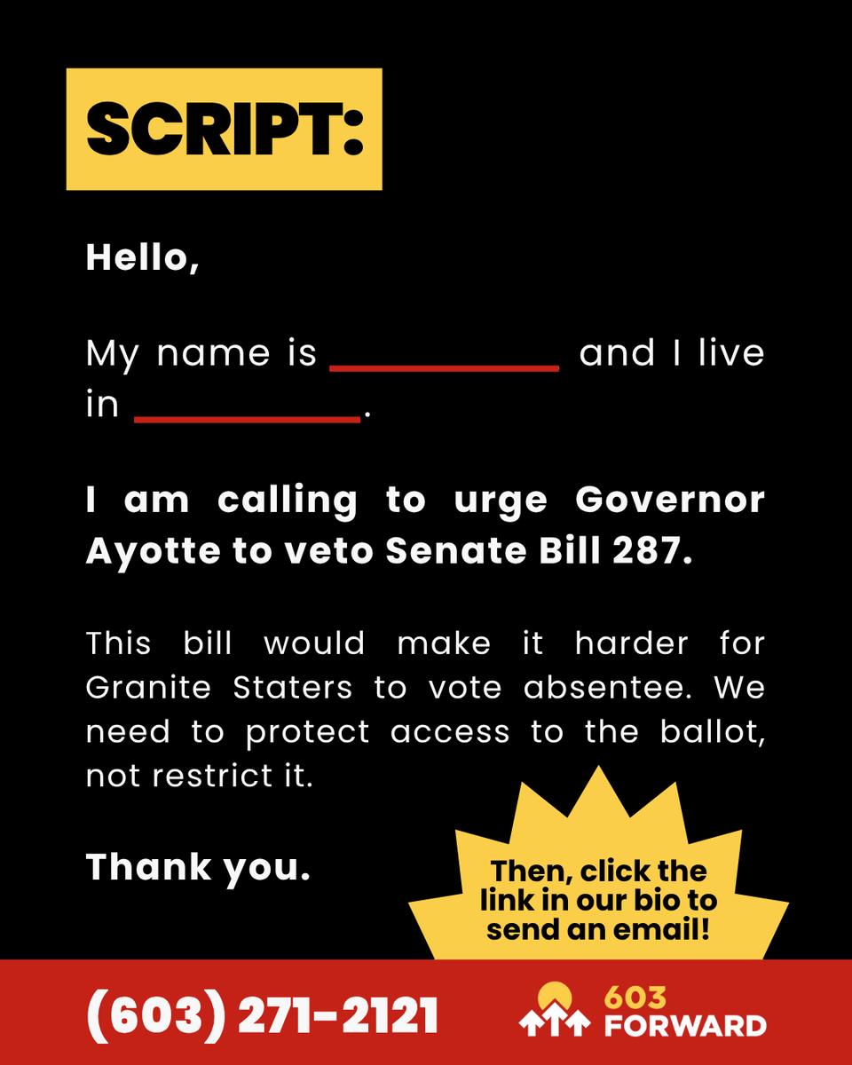 603Forward's tweet image. The people showed up, spoke out, and made it clear. Now it’s the Governor’s turn. 

Call Governor Ayotte + tell her: save absentee voting and VETO SB287! Then send an email: loom.ly/GXA-S_k #NHPolitics #VotingRights