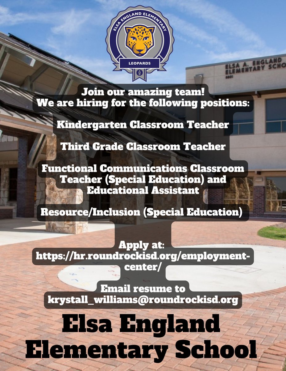 We’re hiring at Elsa England Elementary! 💙
Join a collaborative, student-centered team where you’ll grow, belong, and make a difference.
📹 Hear what makes England special: youtube.com/watch?v=8AlkVV… Shares appreciated!
<a href="/RoundRockISD/">Round Rock ISD</a>