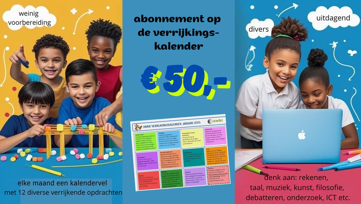 Elke maand een cadeautje voor nieuwsgierige kinderen!
Zoek jij inspirerende, uitdagende én verrassende opdrachten voor kinderen met een ontwikkelingsvoorsprong?
Met de verrijkingskalender ontvang je 10 keer per jaar een kalendervel vol verrijking!
deverrijking.com