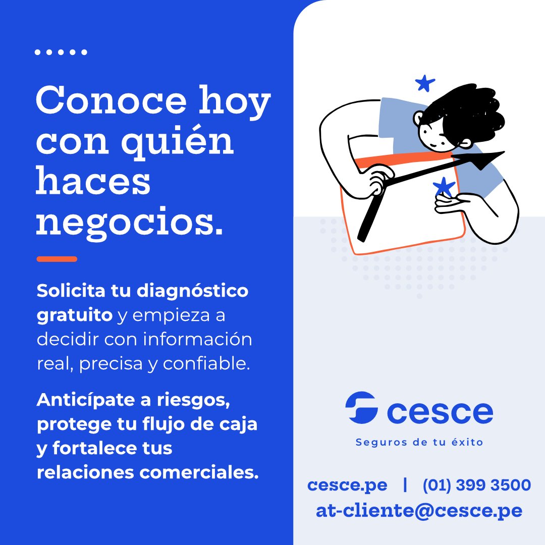 CescePeru's tweet photo. ✅ Diagnóstico financiero gratuito para evaluar el riesgo de tus clientes.
Vende a crédito con más seguridad, cuida tu liquidez y toma mejores decisiones.

📩 at-cliente@cesce.pe
📞 (01) 399 3500

#CréditoEmpresarial #GestiónFinanciera #EmpresasPerú #CescePerú https://t.co/sCuztAuP69