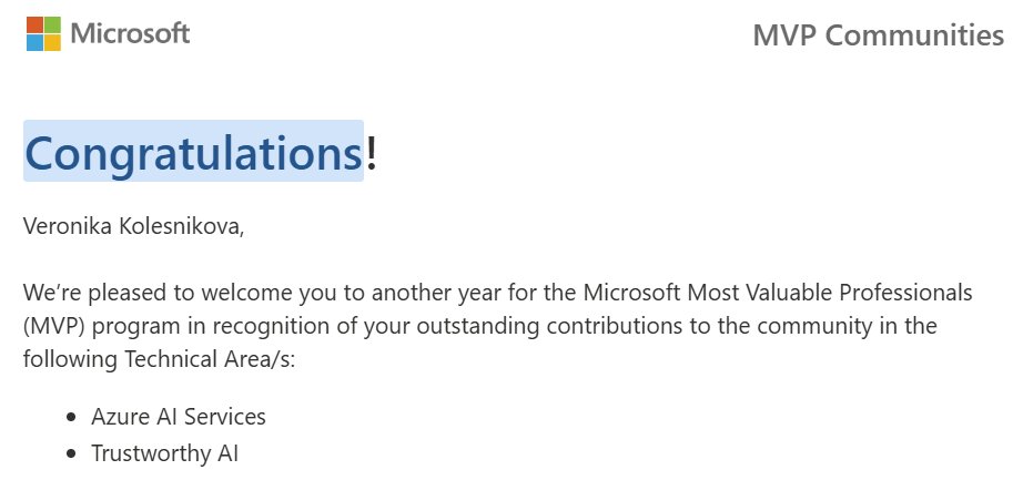 Veronika Kolesnikova (@veronika_dev1) on Twitter photo I'm happy to continue my journey as an MVP in #AI for another year. Huge thanks to the PGs, CPMs, Global AI Community, <a href="/bostonazureai/">Boston Azure AI</a> co-organizers, all the speakers and volunteers, MVPs and many more. Let's continue working, learning, and growing together! <a href="/MVPAward/">Microsoft MVP Communities</a> #MVPBuzz I'm happy to continue my journey as an MVP in #AI for another year. Huge thanks to the PGs, CPMs, Global AI Community, <a href="/bostonazureai/">Boston Azure AI</a> co-organizers, all the speakers and volunteers, MVPs and many more. Let's continue working, learning, and growing together! <a href="/MVPAward/">Microsoft MVP Communities</a> #MVPBuzz