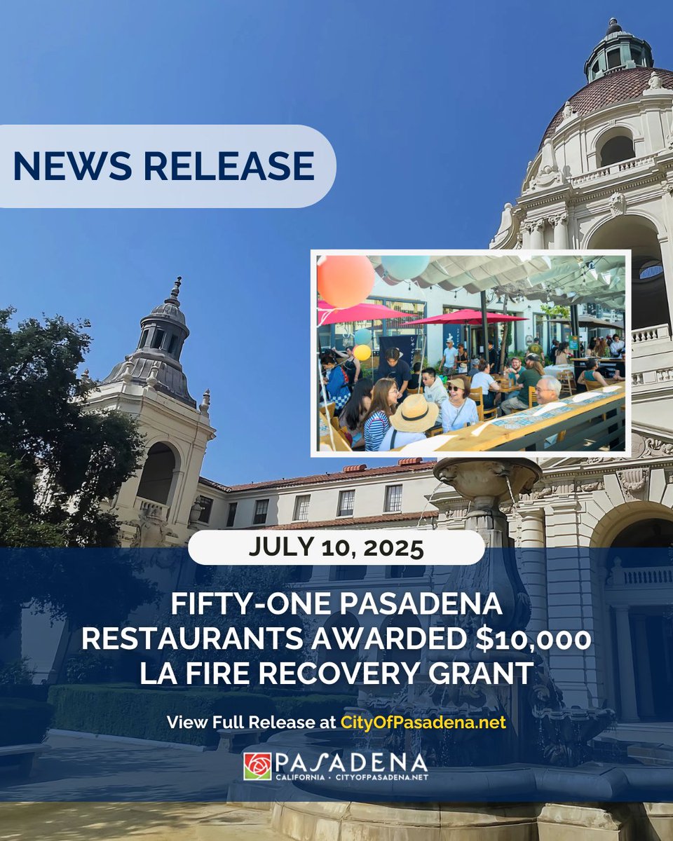 The City of Pasadena is proud to share that 51 Pasadena restaurants have each been awarded a $10,000 LA Fire Recovery Grant from the California Restaurant Foundation (CRF) through its Restaurants Care program. These grants, over half-a-million dollars in direct aid to Pasadena